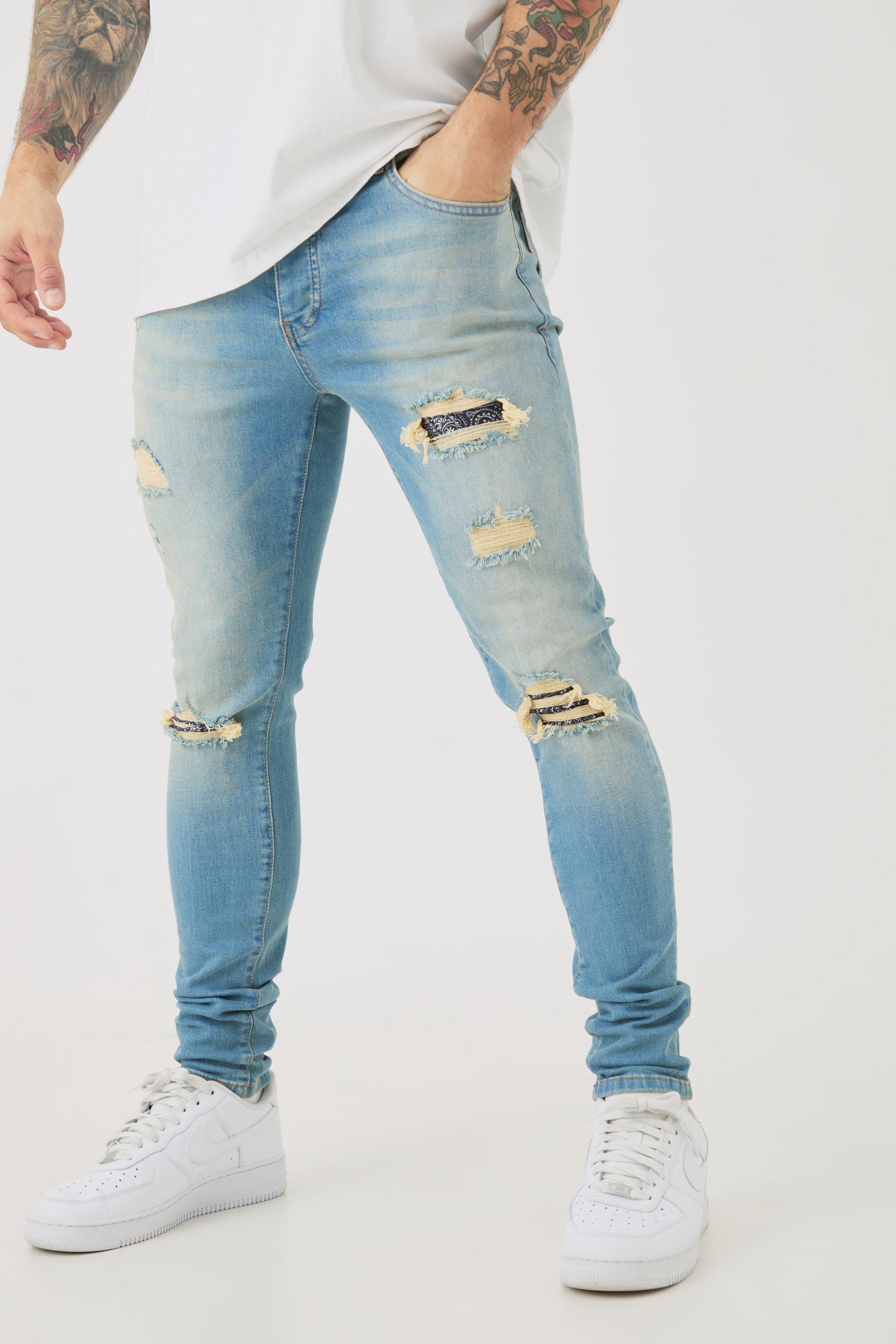 Mens Skinny Stretch Ripped Bandana Jeans In Light Blue, Blue